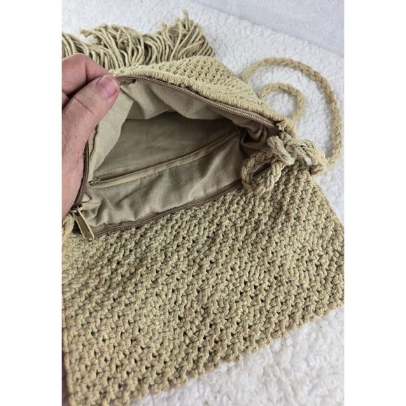 VTG Macrame Ivory Crossbody Handbag Purse Crochet Fringe Hippie Boho Zipper - Picture 5 of 10